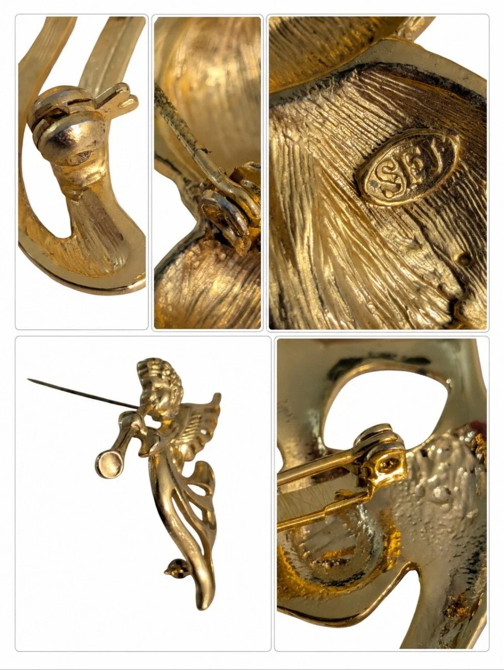 Vintage Gold Tone Festive Trumpet Angel Brooch Holiday Christmas Cherub Pin 2.5